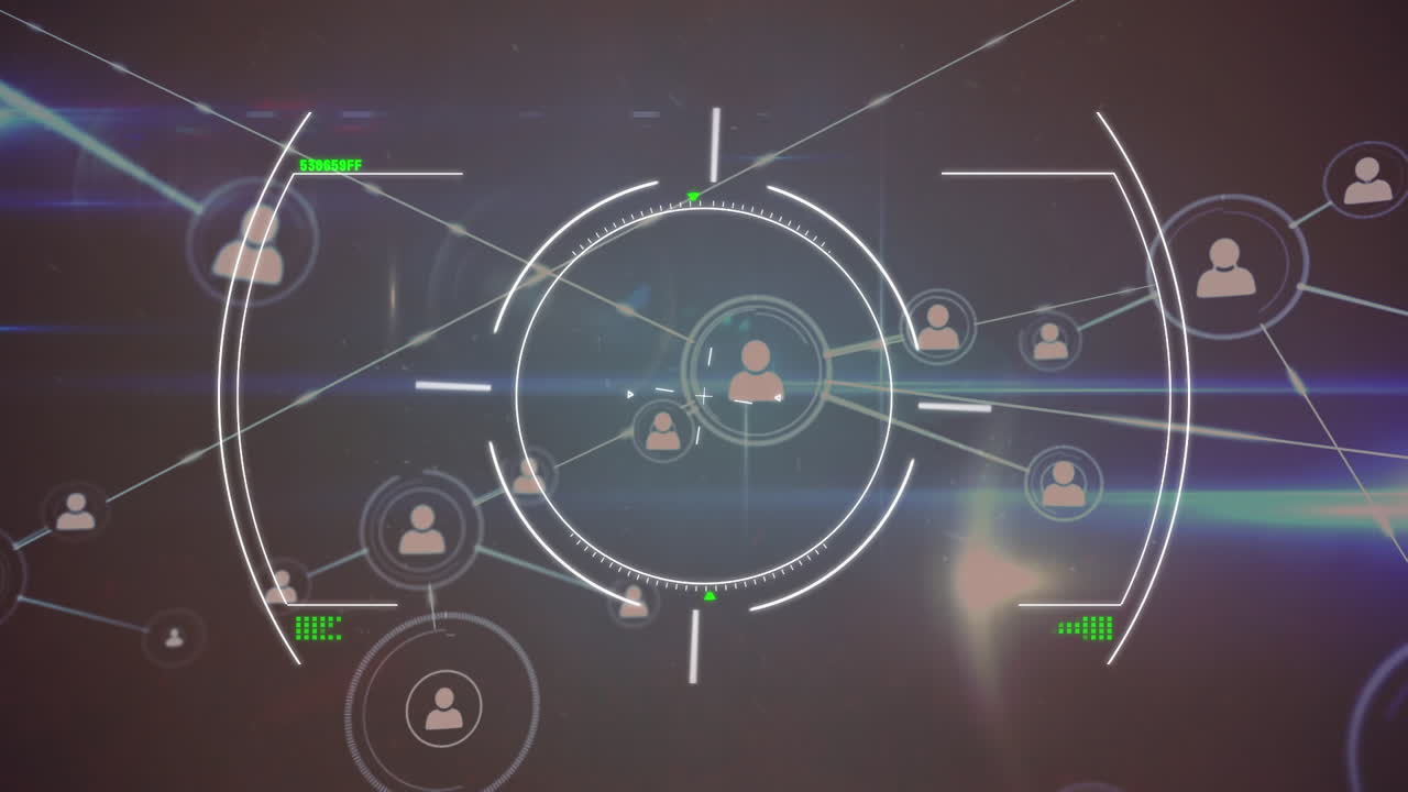 animación de interferencia y exploración de alcance a través de una red de conexiones sobre fondo negro