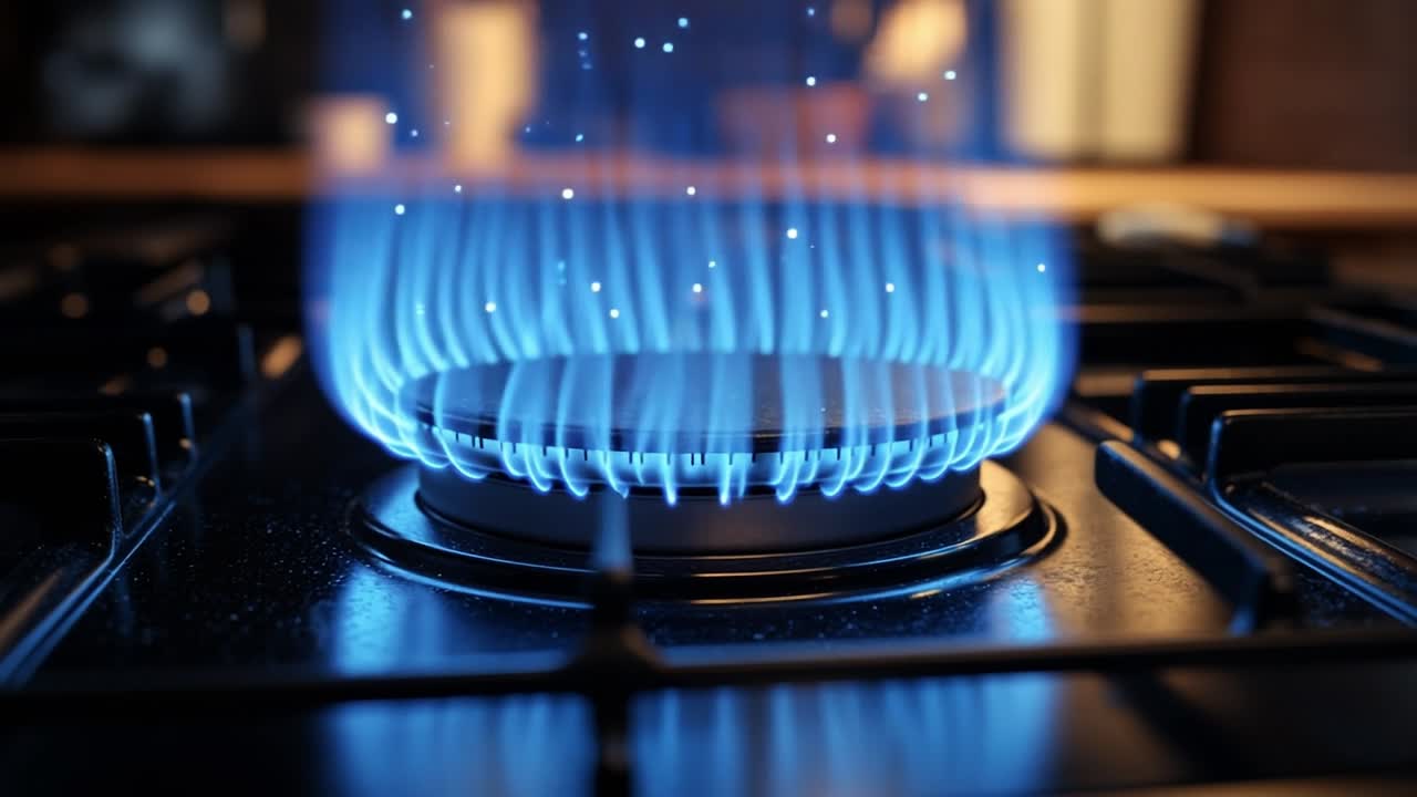 Flames dancing on a gas stove burner. Bright blue flames dance on a gas stove, adding energy and vibrancy to the kitchen atmosphere.