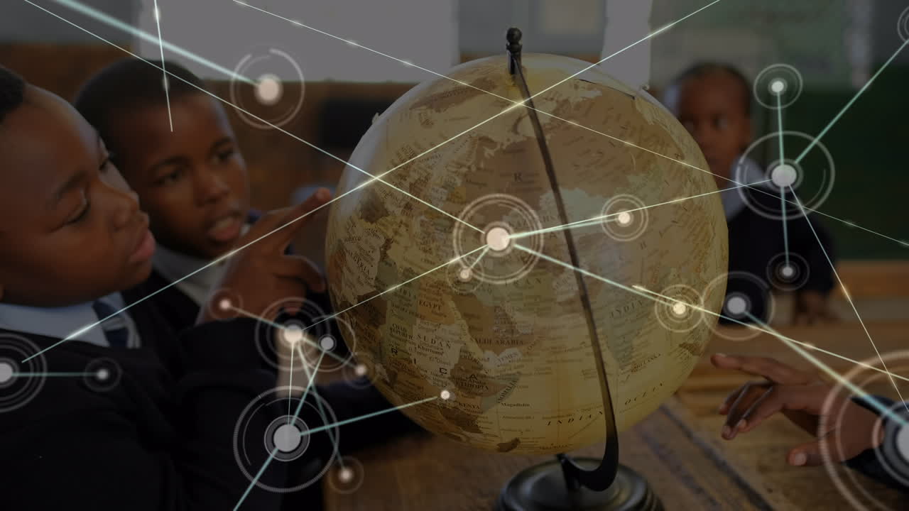 Animation of connections over african american boys with globe at school