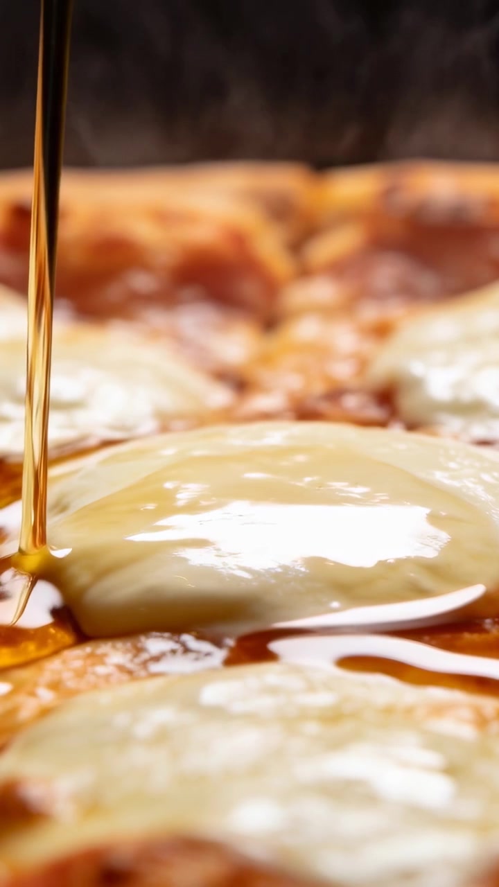 Video verticale: Versando olio da sinistra che ricopre un disco di mozzarella su una pizza in studio per la lucentezza