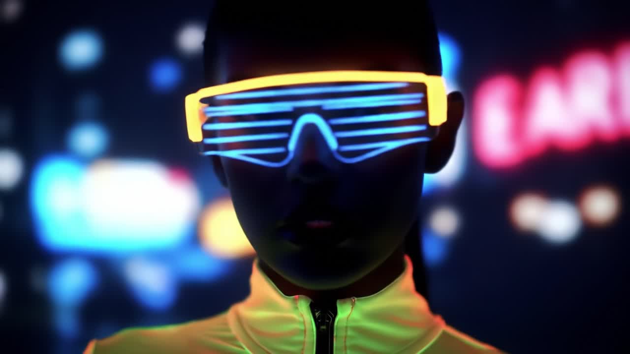 Futuristic Fashion Statement: A Character in Neon Gear and Illuminated Glasses, Combining Style and Technology in a Vibrant, Colorful Urban Environment