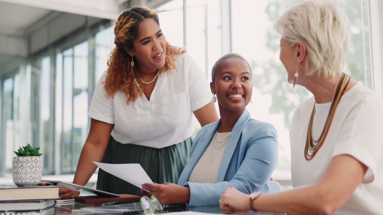 Business women, teamwork and discussion
