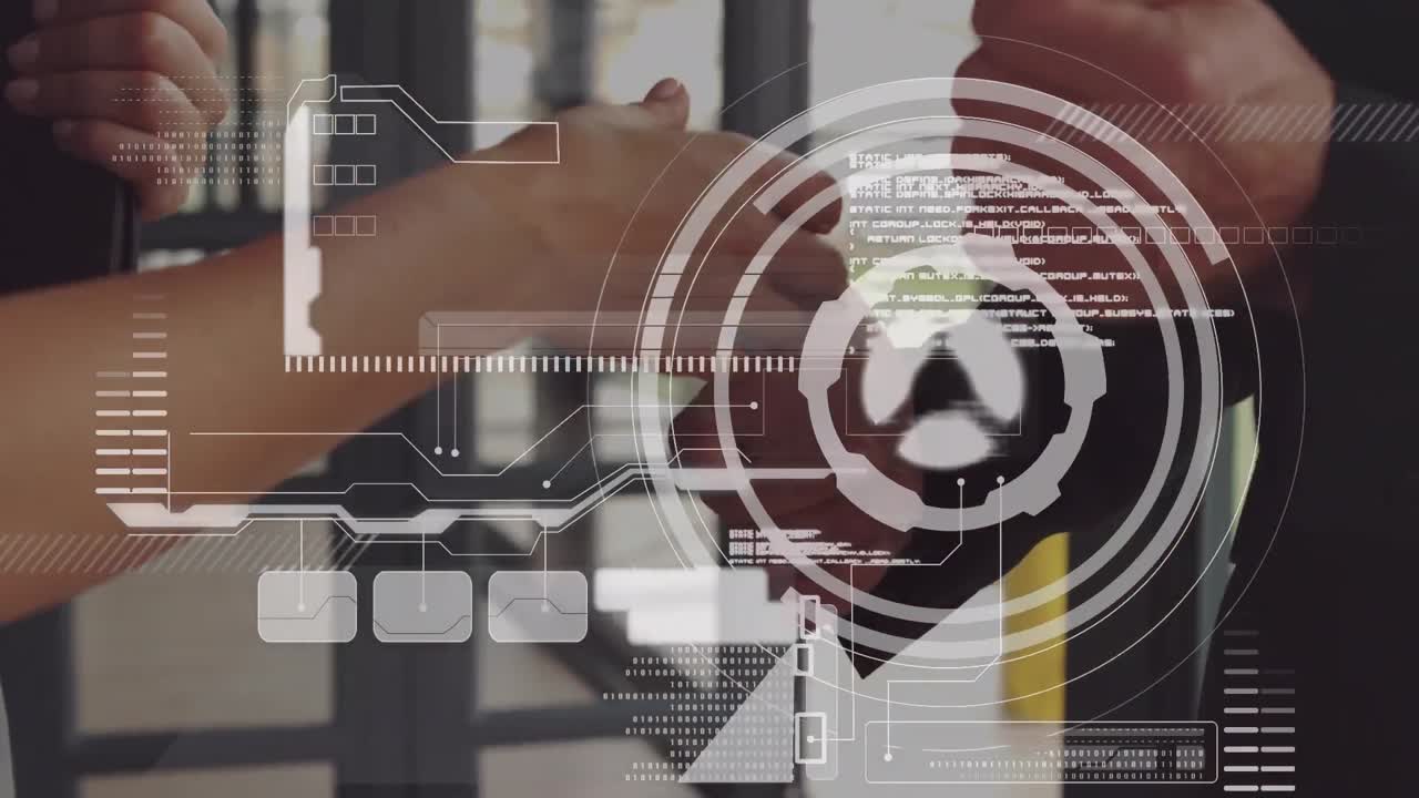 animación del procesamiento de datos sobre el apretón de manos de un hombre de negocios