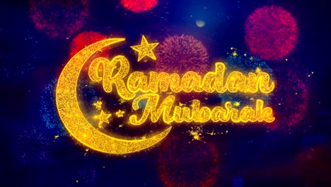 ramadan mubarak wish text on colorful firework explosion particles.