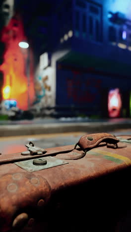 close-up of an old, worn leather suitcase