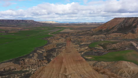 Bardenas-Reales-castil-de-tierra-aerial-shot-spring-time-green-grass-Spain