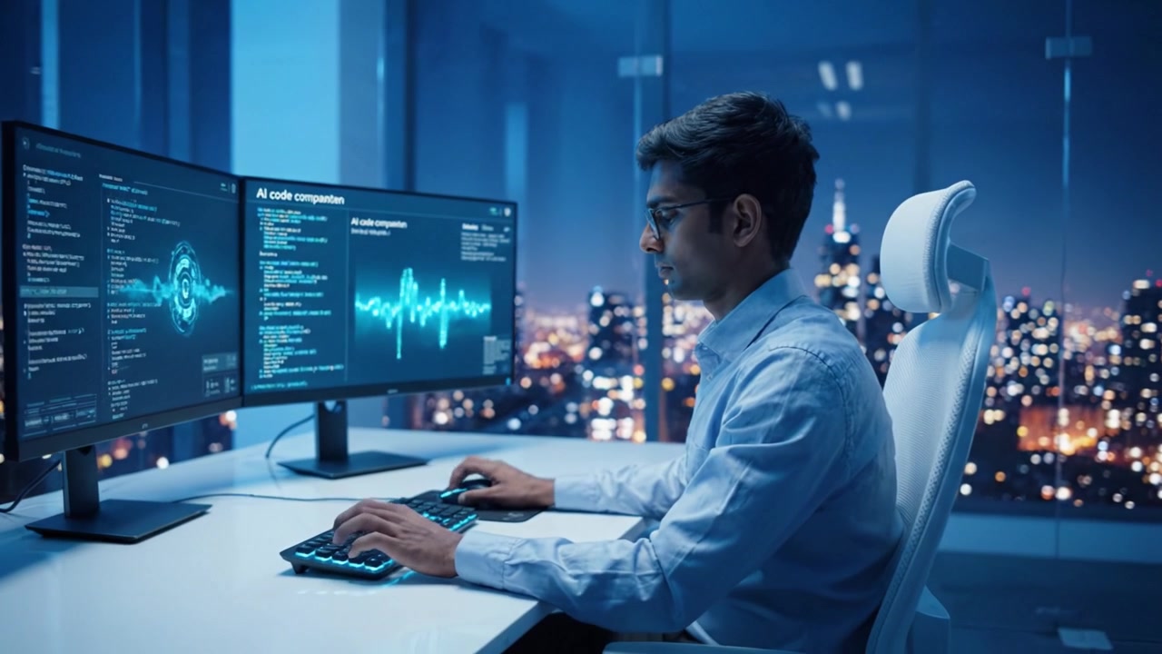 A Focused Programmer Analyzes Data on Dual Monitors at Night in a Cityscape, Showcasing the Integration of Technology and Urban Life