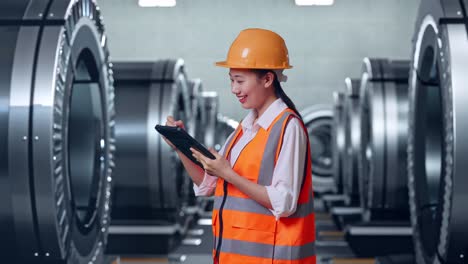 vista lateral de una ingeniera asiática con casco de seguridad tomando nota en la tableta mientras está de pie en una fábrica de metal