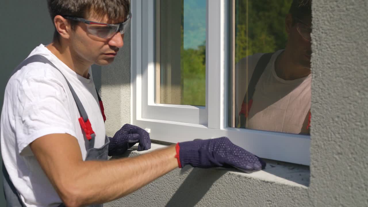 Man worker in safety glasses cleaning surface for PVC window metal sill installation