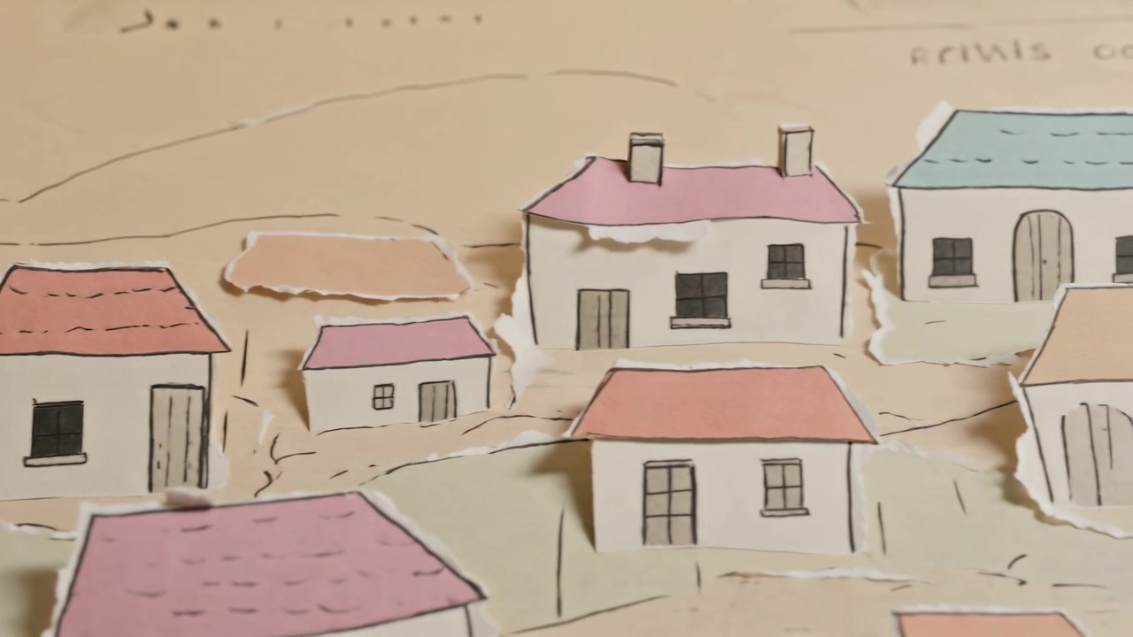 La telecamera panoramica da un gruppo a sinistra, rivelando un villaggio di carta fatto a mano su un foglio beige, mostrando i camini.