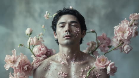 artistic portrait of a man adorned with pink flowers