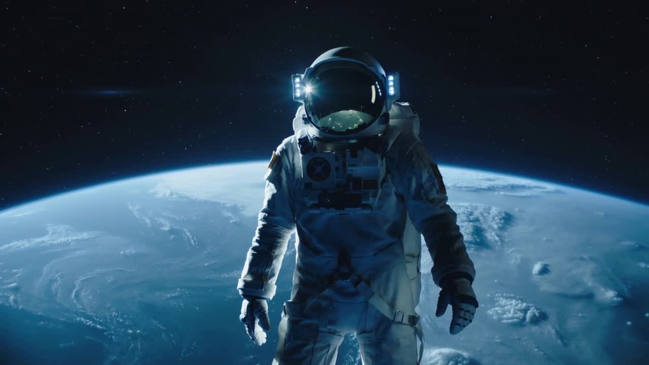 Astronauta con traje flotando, acercándose a la deriva mientras la cámara se aproxima sobre la Tierra, con las luces del casco y el PLSS.