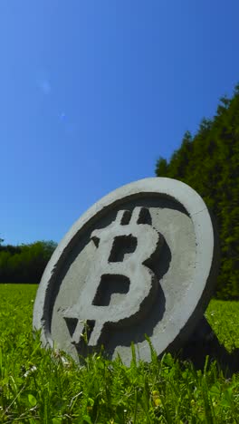gorgeous gray or grey colored concrete bitcoin cryptocurrency money sculpture and medallion standing up right in green grassy garden or yard during a sunny day with blue sky and bushes in the back