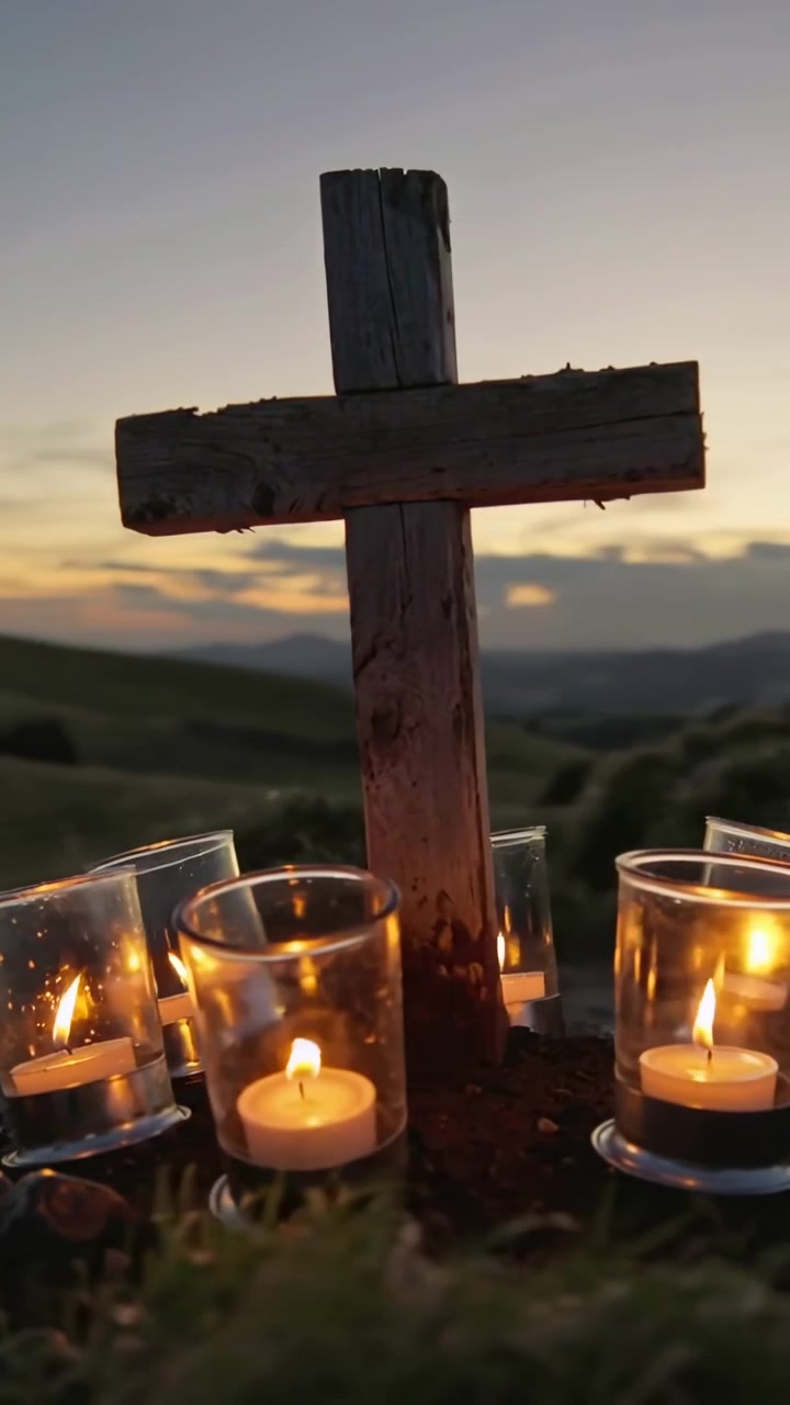 Video verticale: Telecamera che si allontana rivelando una croce sulla cima di una collina al crepuscolo per mostrare colline e lumini votivi che sfarfallano