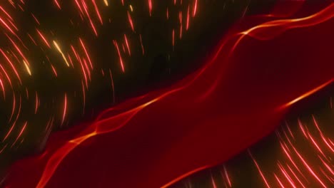 Animation-of-glowing-red-light-trails-over-undulating-red-smoke-on-black-background