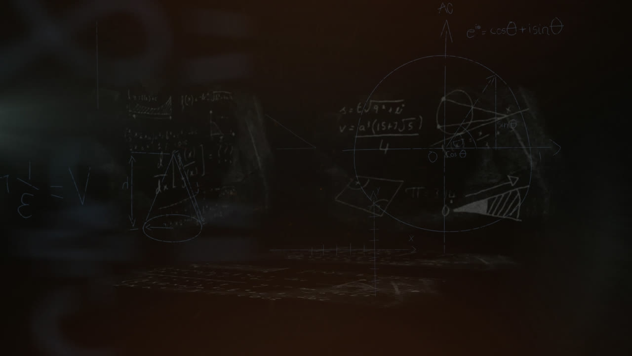 animación de explosión de fuego sobre ecuaciones matemáticas y diagramas contra fondo negro