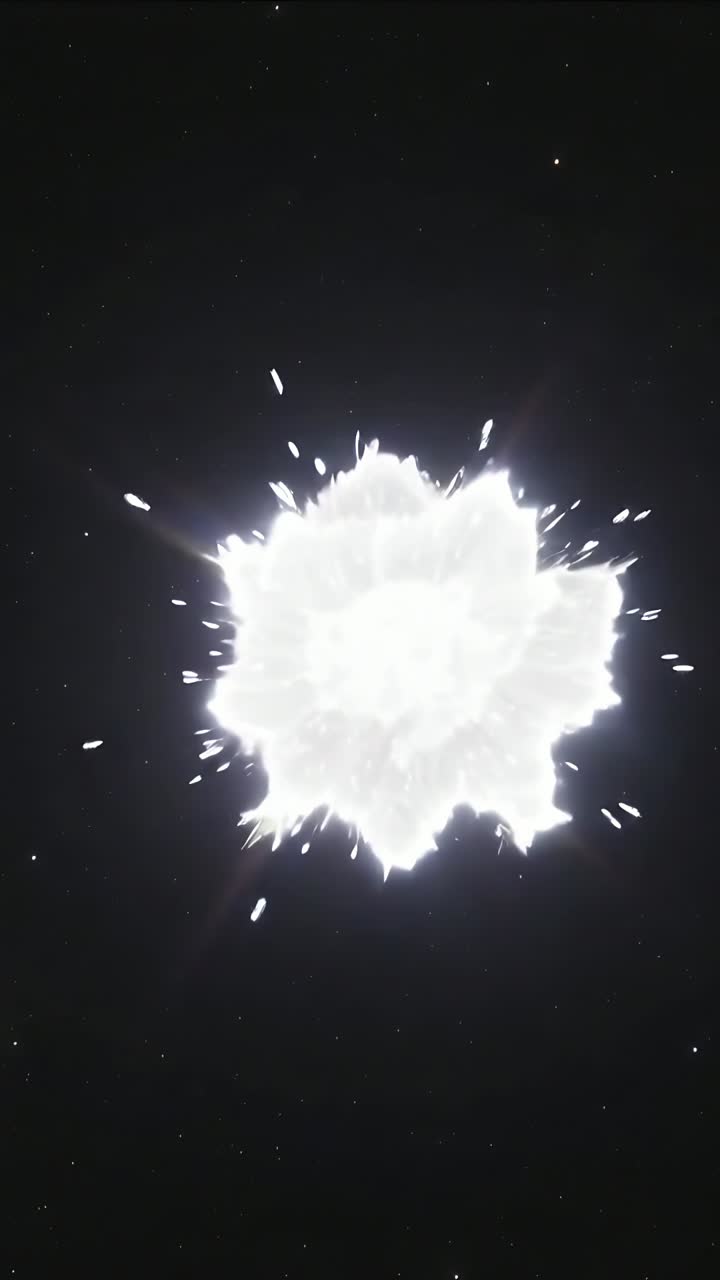 Vertical video: Brightening central point expanding, ejecting sparks across night sky, lens-flare