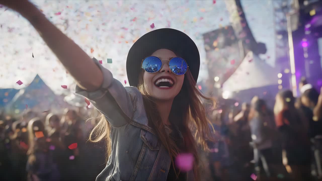 Excited woman celebrating at a music festival with confetti