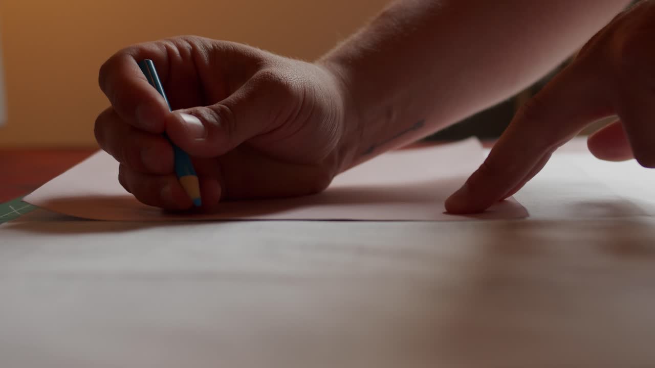Close up table top view of fabric marking process.