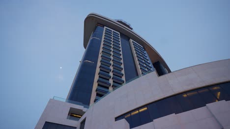 View-for-a-hotel-in-El-Alamein,-Egypt-in-the-Evening-low-angle-shot-,