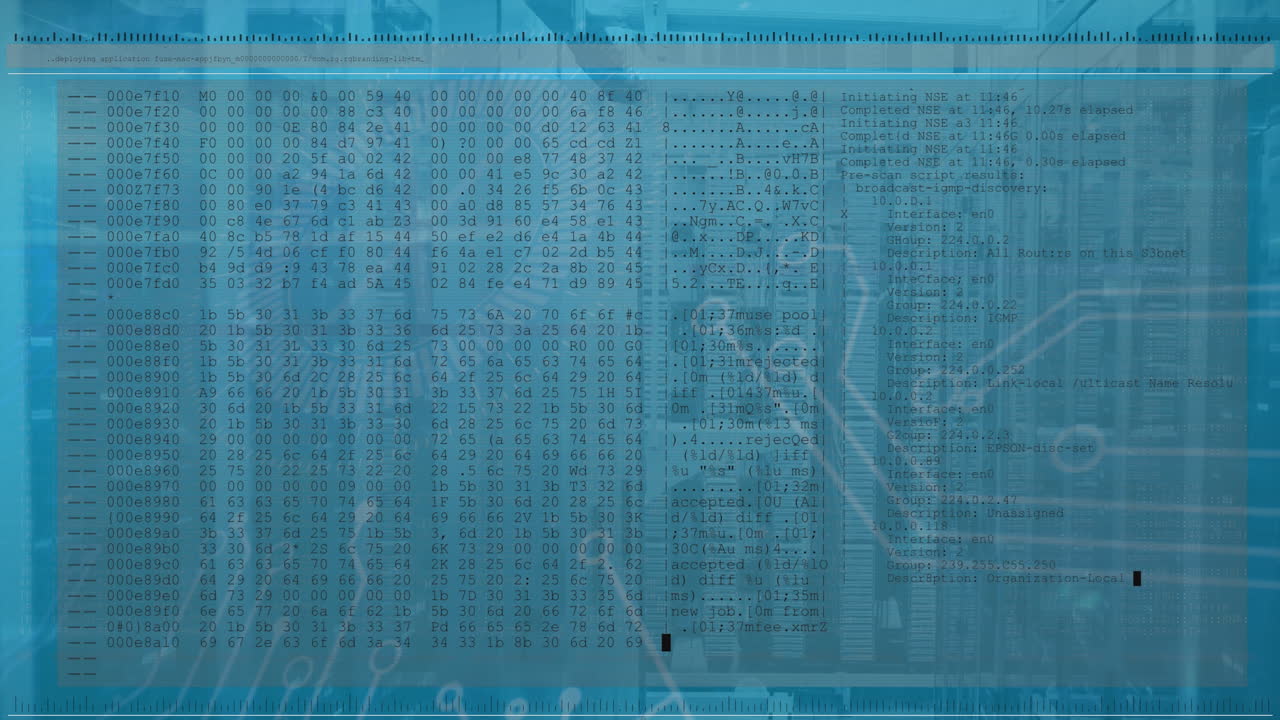 Animation of data processing and microprocessor connections against computer server room