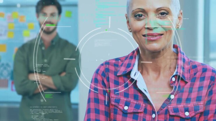 Animation of data processing over diverse business people in office