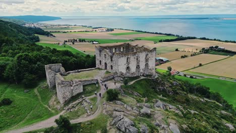 aerial of the brahehus castle, a stone castle built in the 1600s, småland, sweden