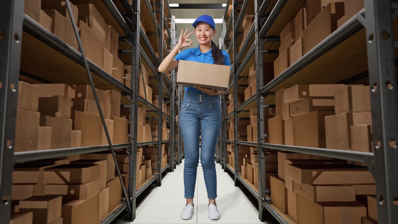 cuerpo lleno de mensajero femenino asiático en uniforme azul mostrando un gesto de acuerdo y sonriendo mientras entrega una caja en el almacén
