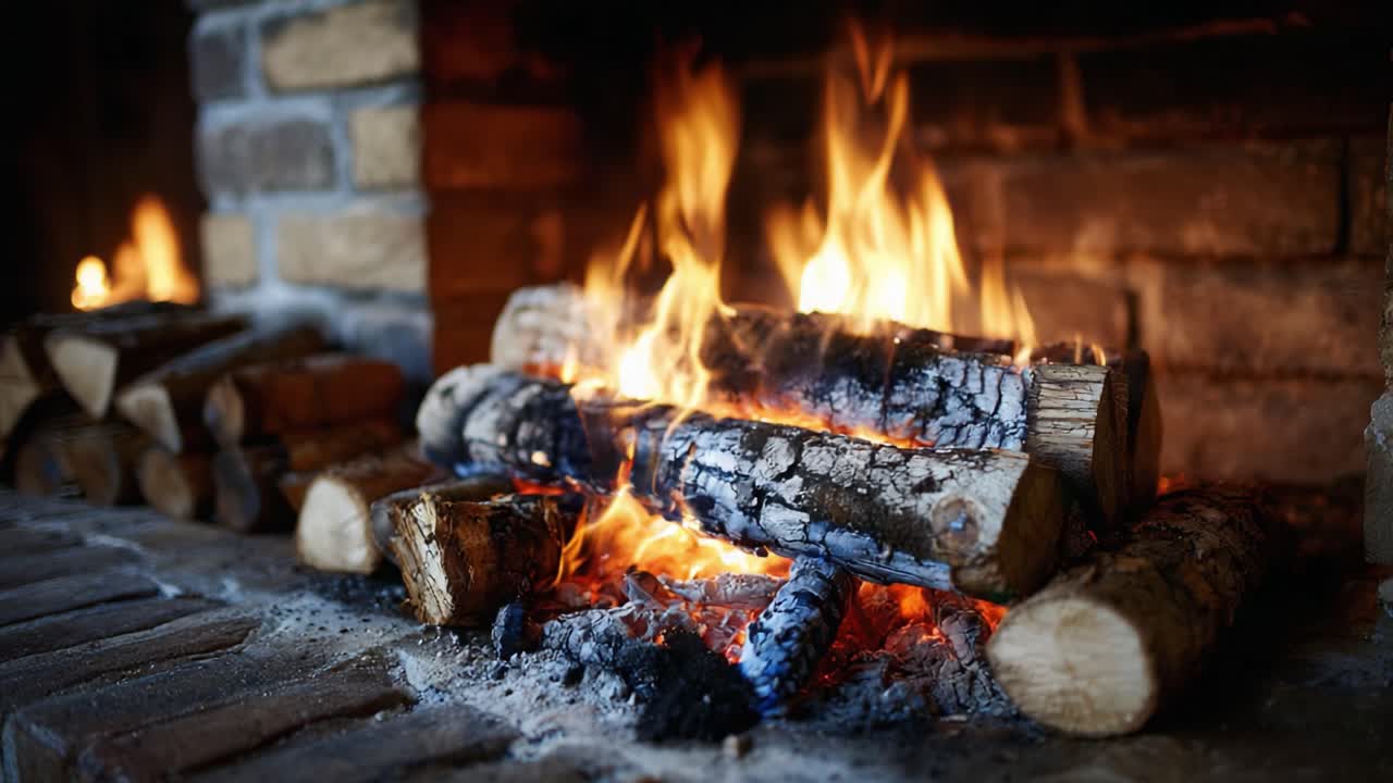 A Cozy Fire Burning Brightly in a Rustic Fireplace, Creating a Warm Atmosphere with Flickering Flames and Glowing Coals, Perfect for Relaxation and Comfort
