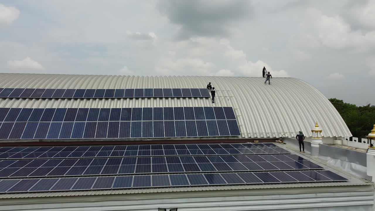 Drone shot of Solar Cell Solar rooftop of factory clean energy