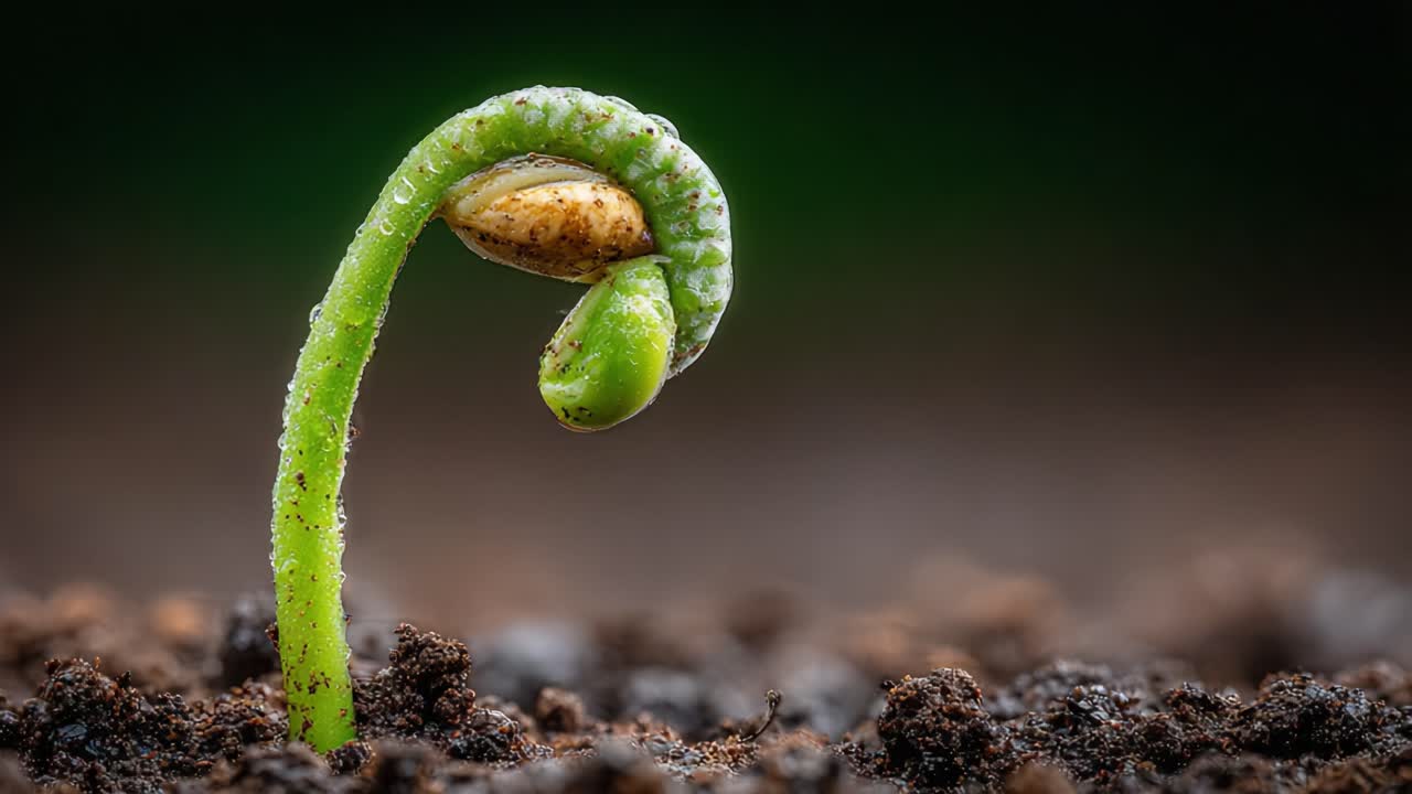 A Close-Up View of a Freshly Sprouted Seedling Emerging from Rich Soil and Dewy Environment, Symbolizing New Growth and Nature's Resilience
