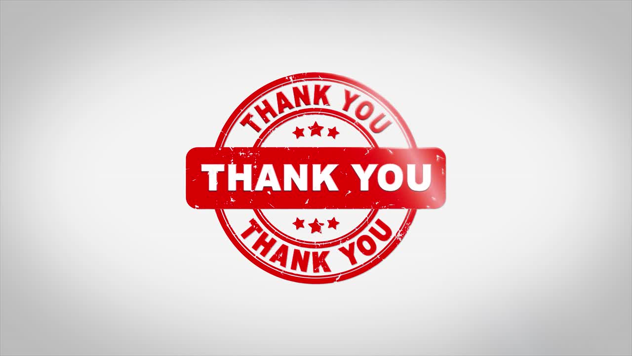 Thank you signed stamping text wooden stamp animation red ink on clean white paper surface