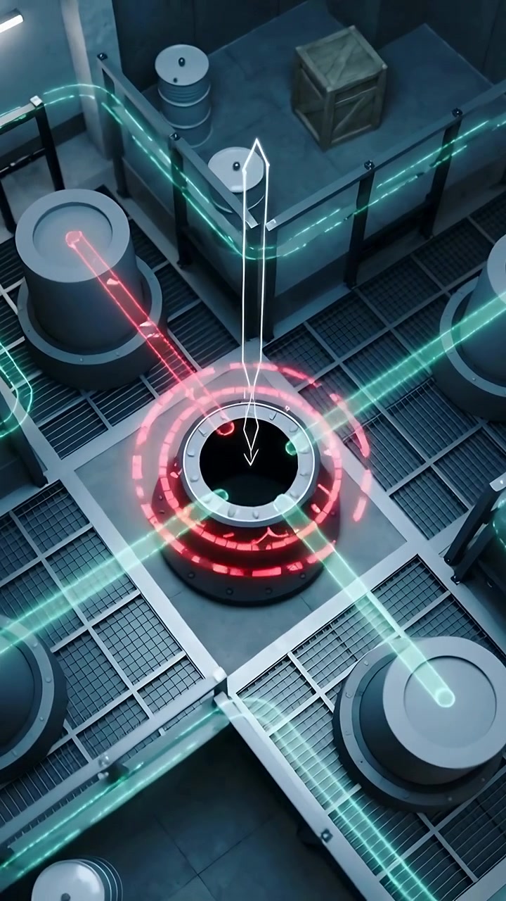 Vertical video: Top-left node firing red beam along green grid, central hatch charging red ring