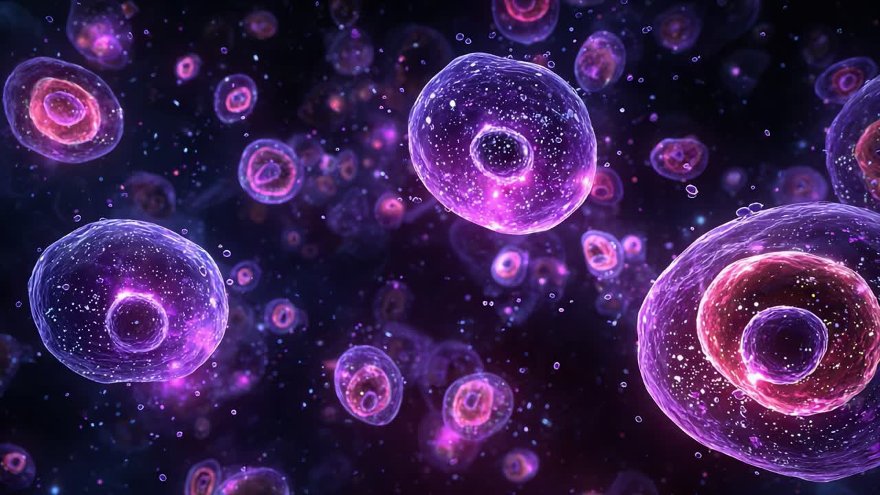 宇宙環境における鮮やかでカラフルな細胞構造の魅惑的なクローズアップビュー。顕微鏡レベルでの生命の美しさを際立たせています。
