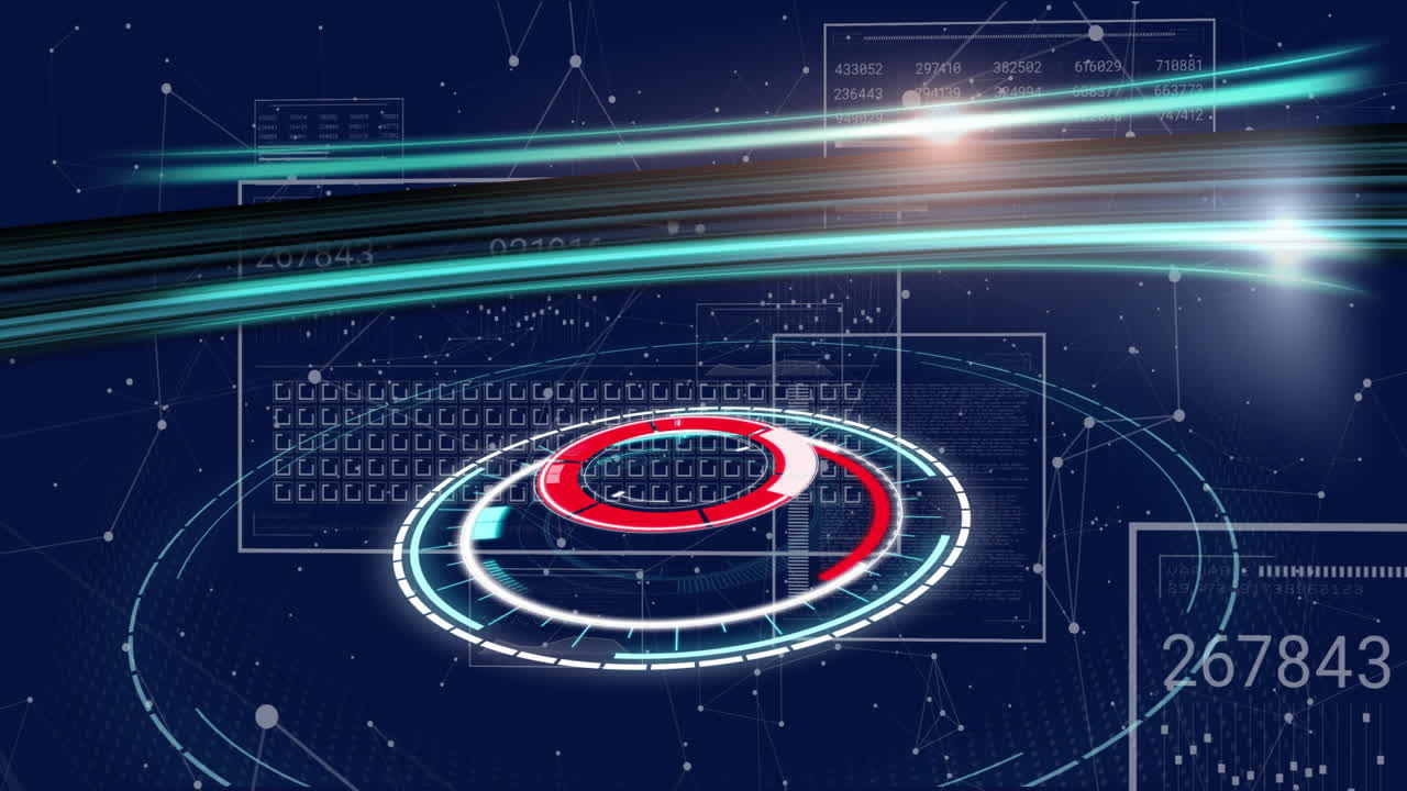 Animation of glowing circles and data processing on digital interface background