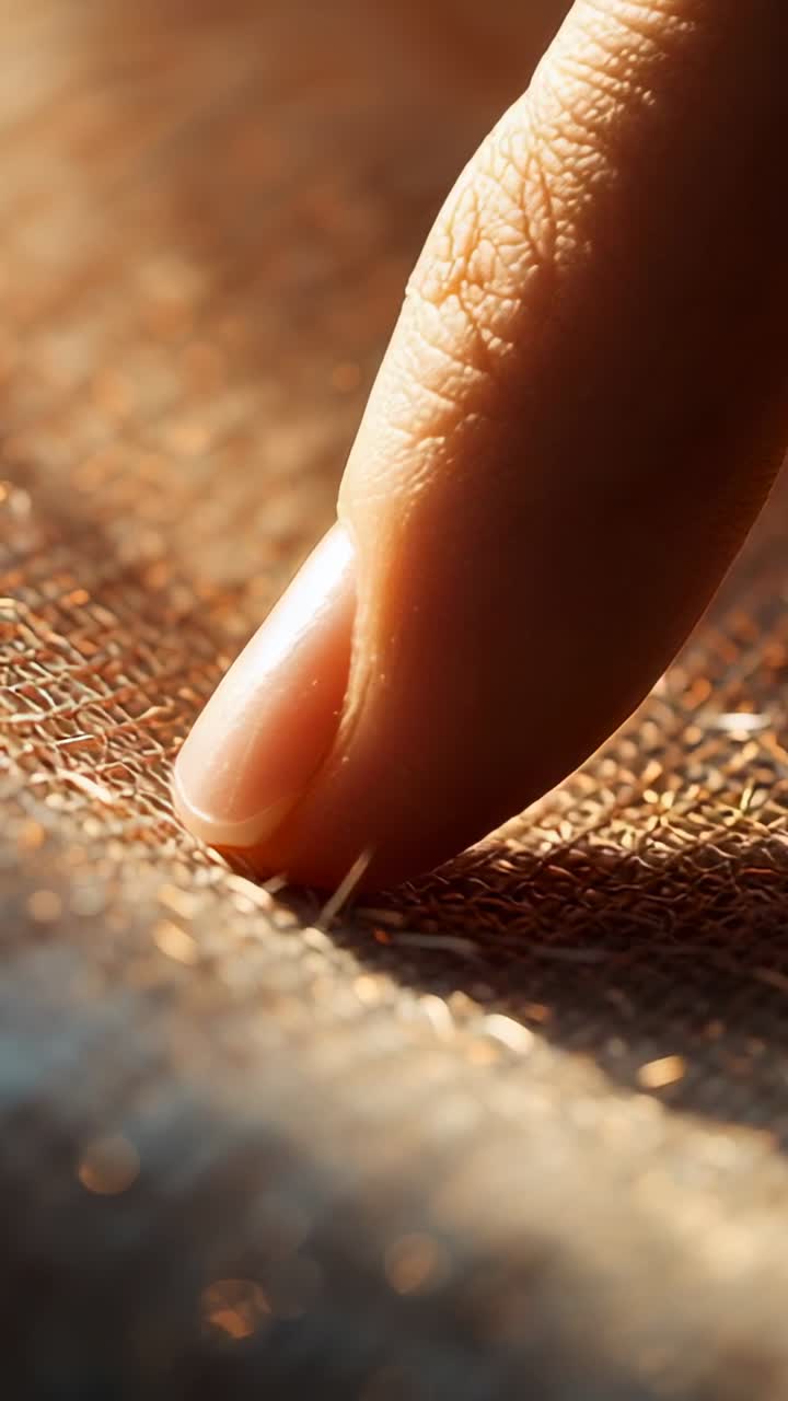 Vertical video: Finger hovering touching woven fabric, pressing and sliding, testing shiny threads