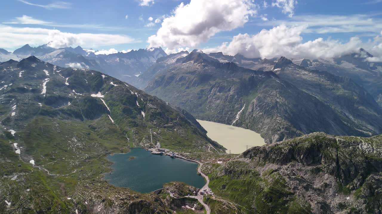 Mountains skyline Swiss Alps nature lake landscape, aerial Switzerland
