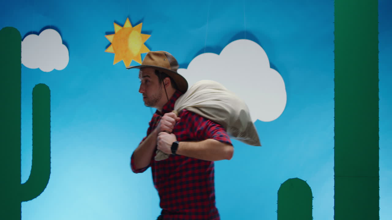 Cowboy Running with Bag in Cartoon Desert Scene