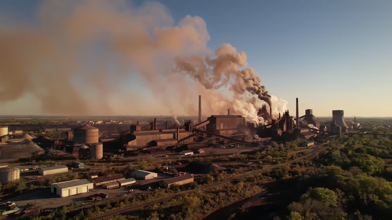 An Aerial View of an Industrial Steel Mill with Emissions Rising into the Sky Highlighting the Impact of Manufacturing on the Environment