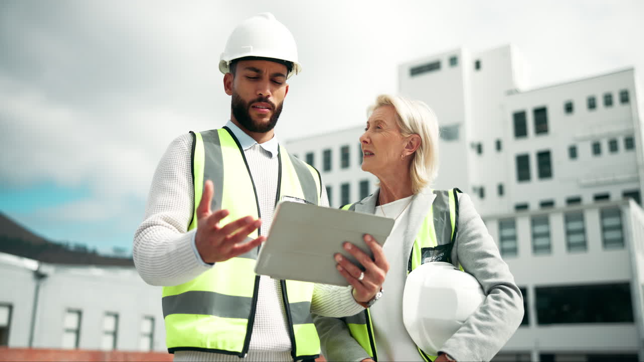 Construction supervisors reviewing plans on a tablet