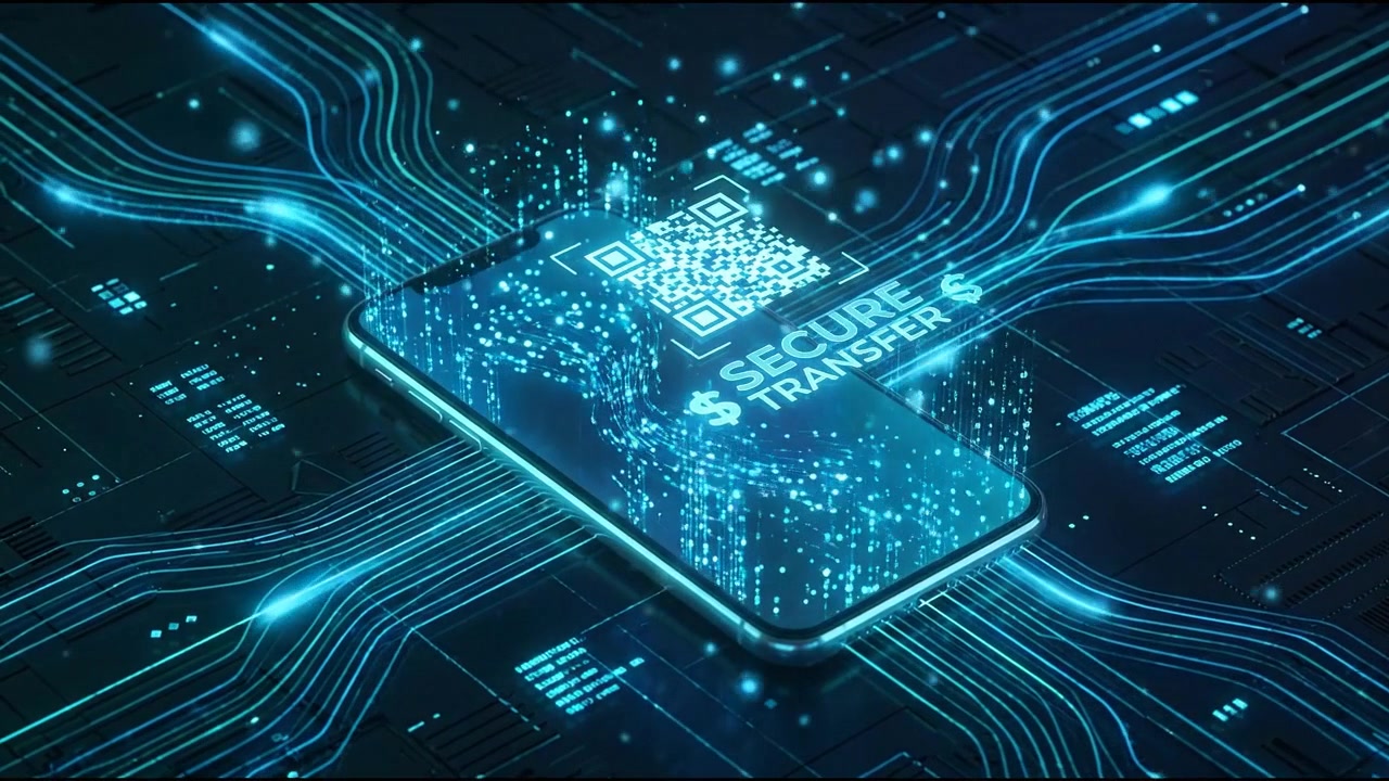 Digital Smartphone Displaying Secure Transfer QR Code with Circuit Board Background