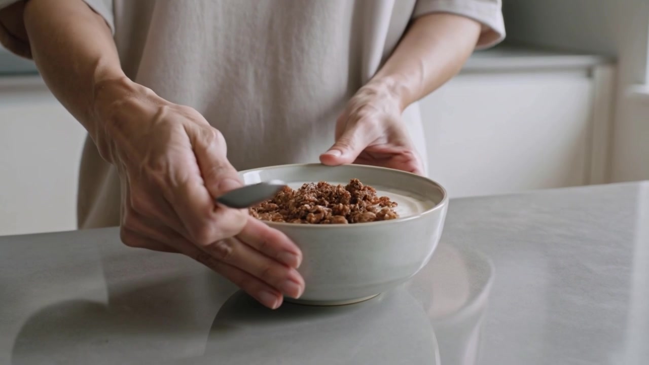 Mani di donna che mescolano dopo aver sollevato il cucchiaio, raccogliendo e presentando una ciotola sul bancone della cucina.