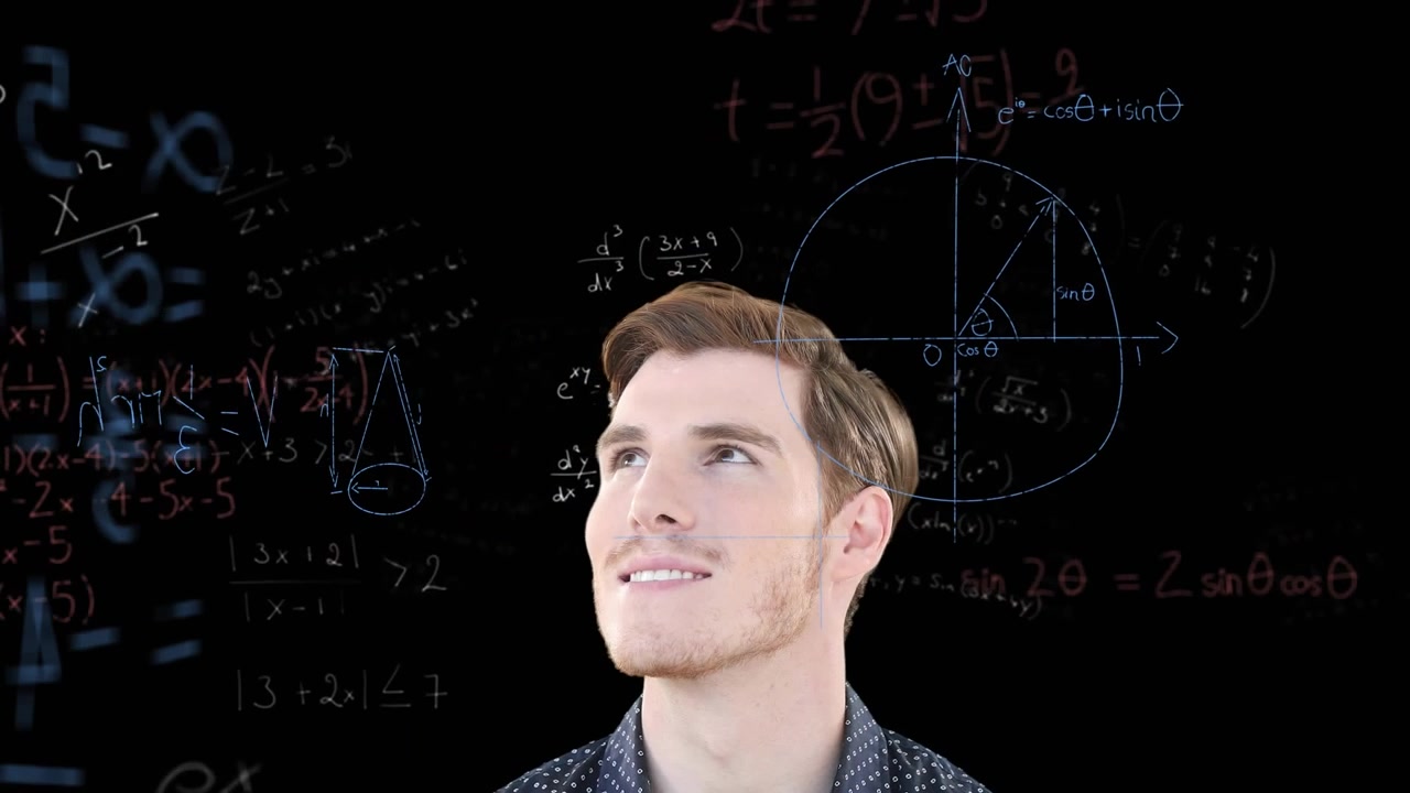 Animação de processamento de dados e equações matemáticas sobre uma empresária caucasiana.