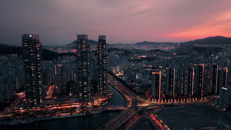night cityscape of a korean city at sunset