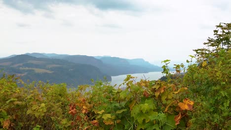 HD-Boom-up-past-autumn-colored-hedges-to-reveal-the-Vista-House-on-a-cliff-in-the-distance-overlooking-the-Columbia-River-with-mostly-cloudy-sky-take-two