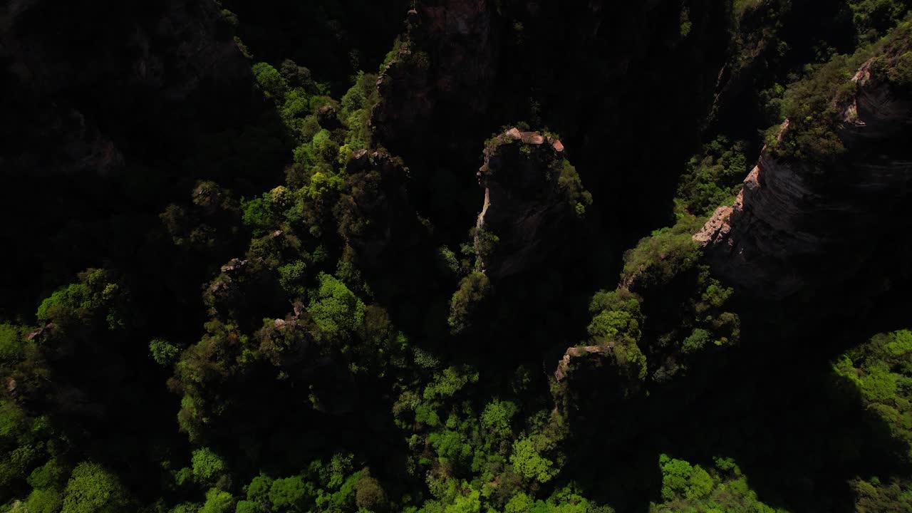 imagen aérea de arriba hacia abajo ascendiendo sobre pilares cársticos en yuanjiajie, parque nacional de zhangjiajie, china