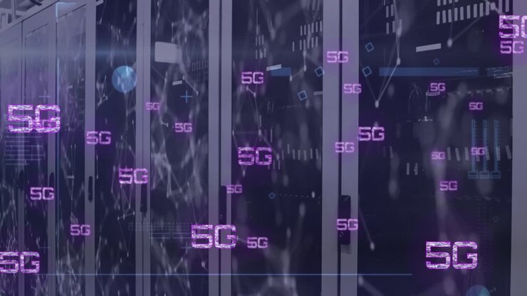 Animation of 5g text banners and network of connections against computer server room