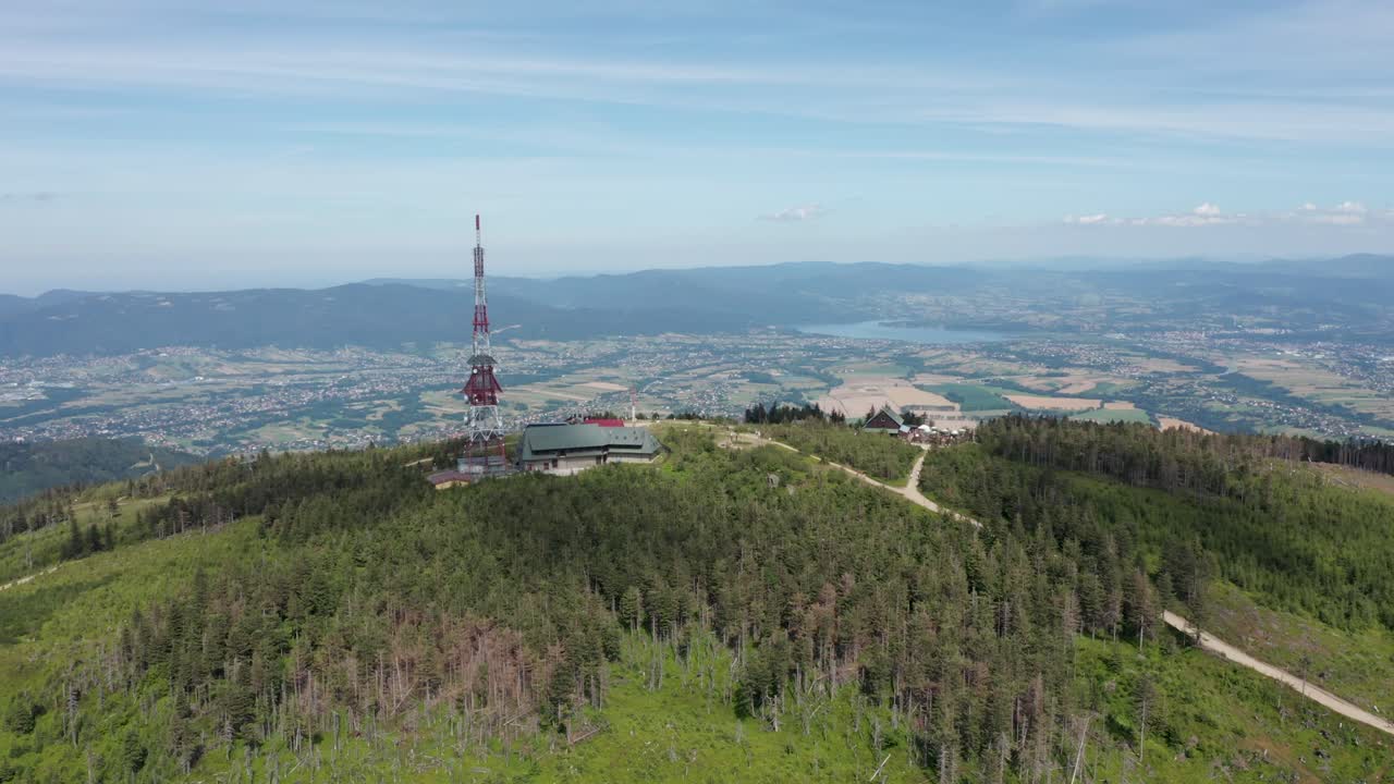 Aerial view of Skrzyczne Hill in Silesian Beskid and Å»ywieckie lake the background