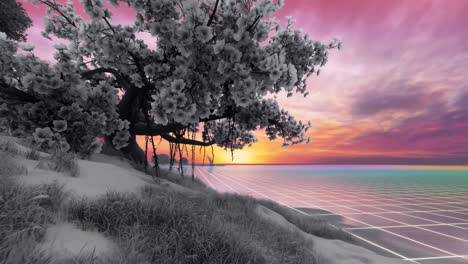 Retrowave Sunset Landscape with Glowing Grid Ocean and Blossom Tree