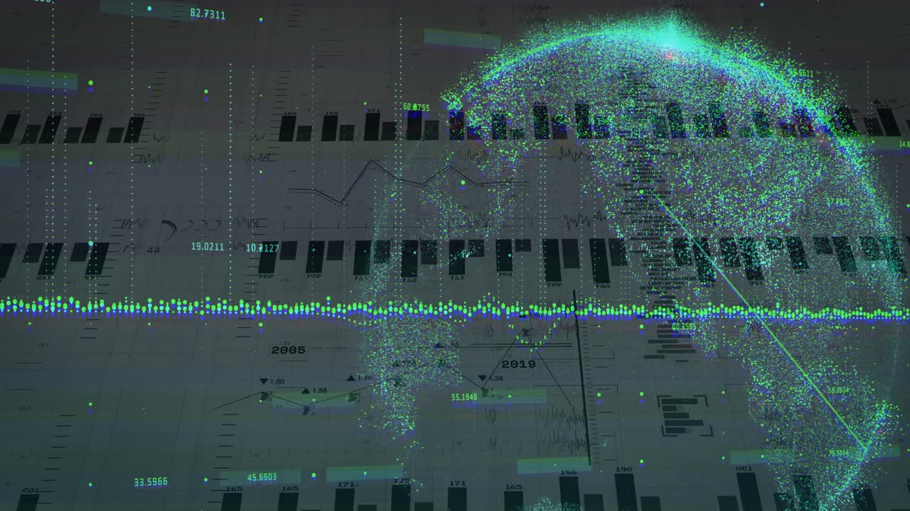 Visualizzazione di dati digitali che si anima in un dashboard 3D, mostrando un cluster di globi con barre e linee.